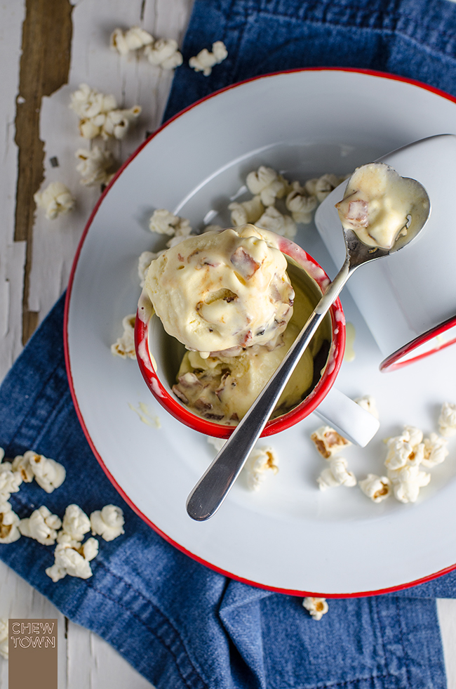 No-Churn Buttered Popcorn and Candied Bacon Ice Cream | Chew Town Food Blog