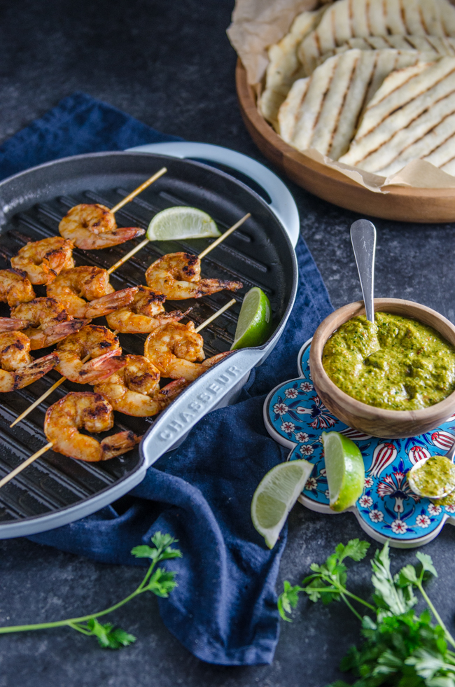 Grilled Spiced Prawns on Homemade Lime Flatbread with Chimichurri Sauce | Chew Town Food Blog