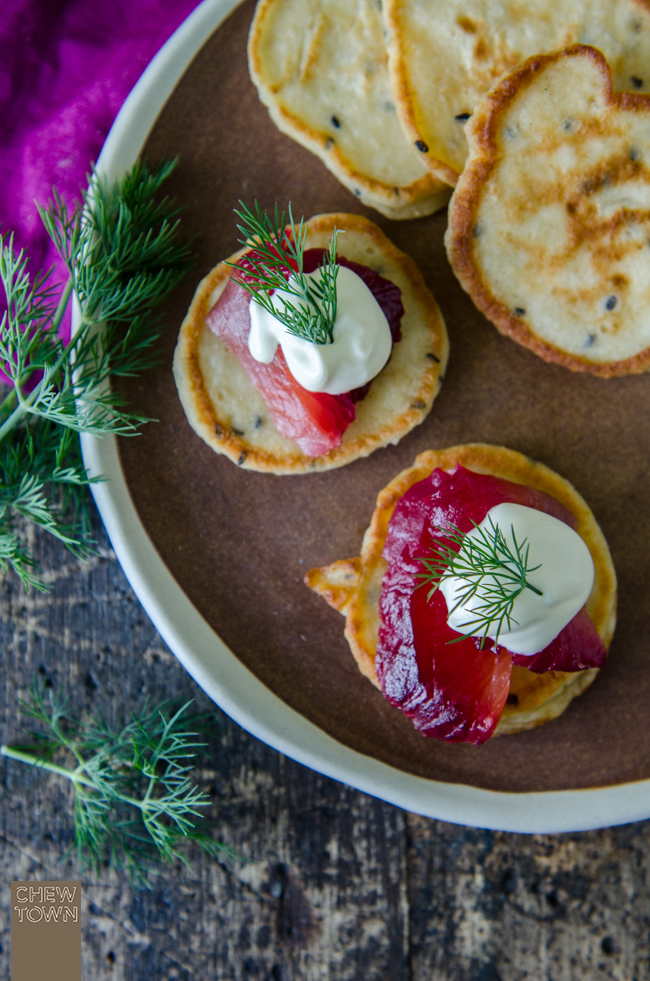 Beetroot and Gin Cured Salmon with Wholemeal Blini | Chew Town Food Blog