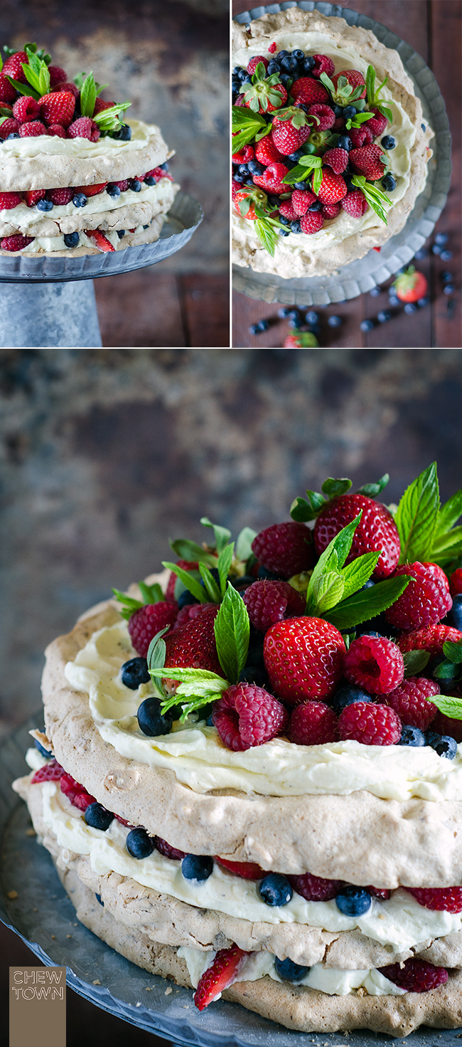 Layered Hazelnut Pavlova with Mascarpone Cream and Berries | Chew Town Food Blog