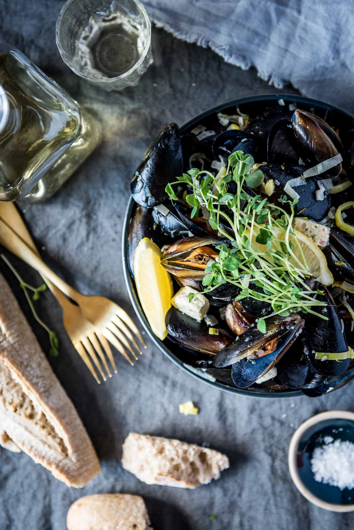 Butter and White Wine Mussels with Lemon and Snow Pea Sprouts | Chew Town Food Blog
